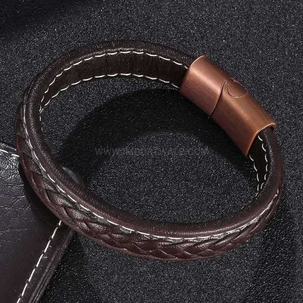 Braided Leather Wristband featuring Rose Gold Plated Stainless Clasp