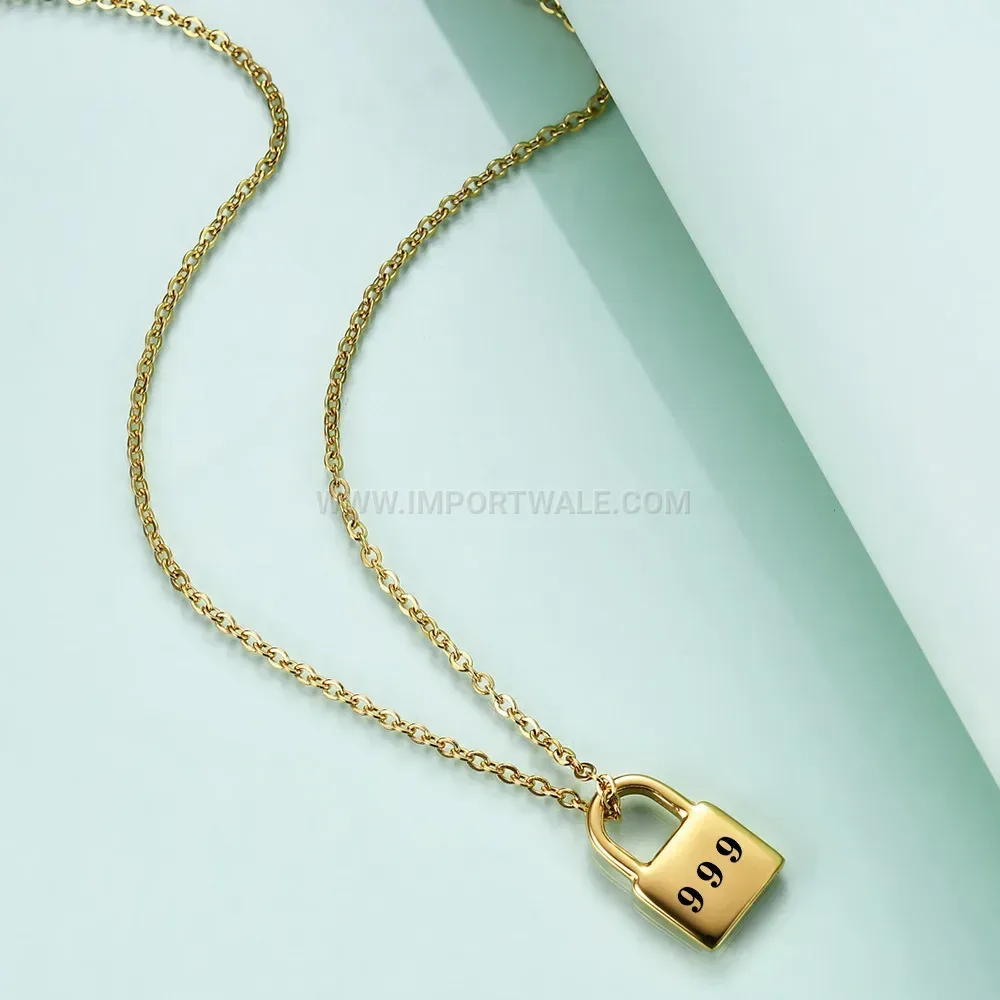 Laser Engraved Lucky Number Lock Pendant Stainless Steel Necklace