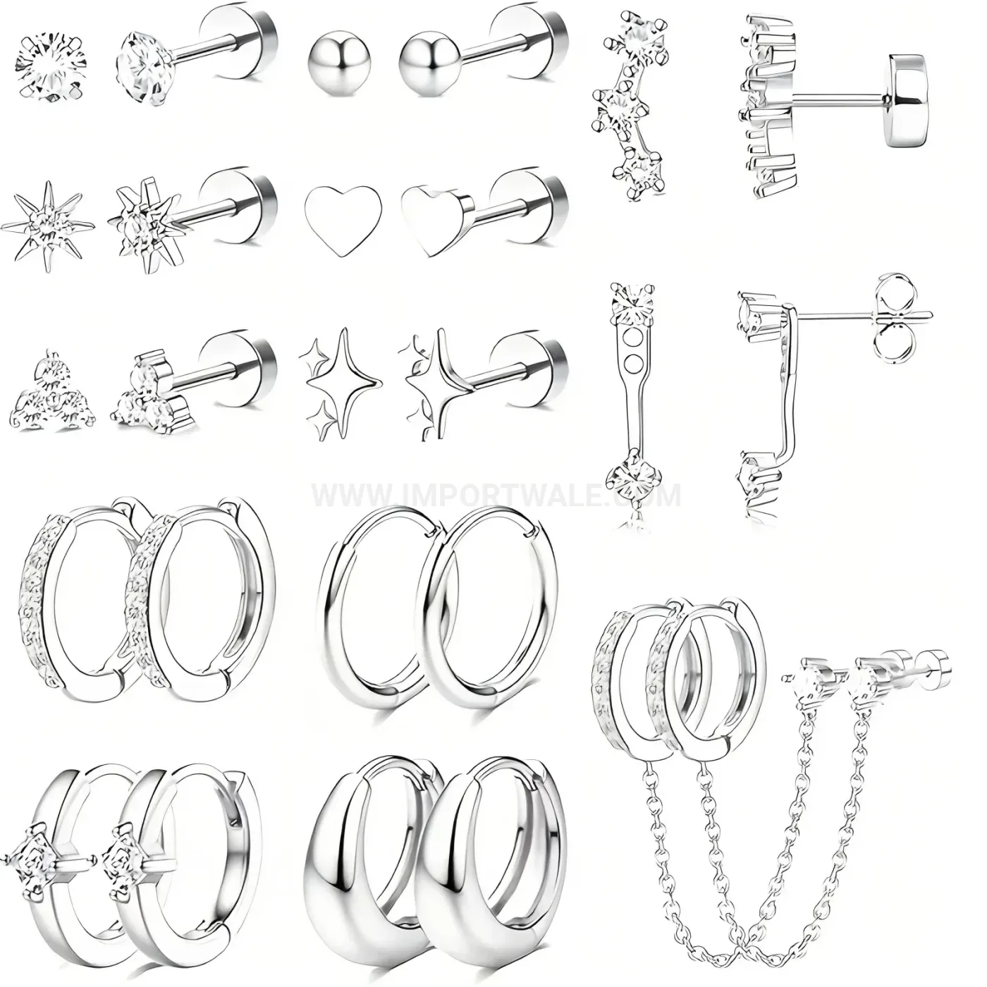 Designer Geometric Rhinestone Stainless Steel Threaded Cartilage Earring Set