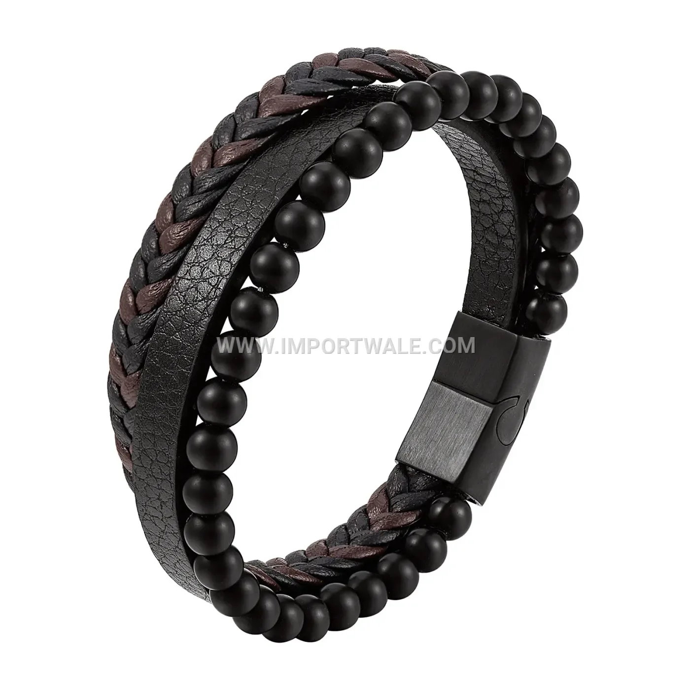 Multi-Layer Braided Leather Wristband with Natural Stone Beads