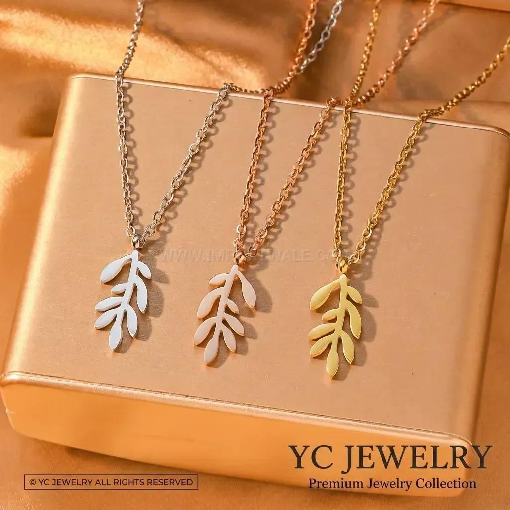 Gold Plated Stainless Steel Olive Branch Leaf Pendant Necklace