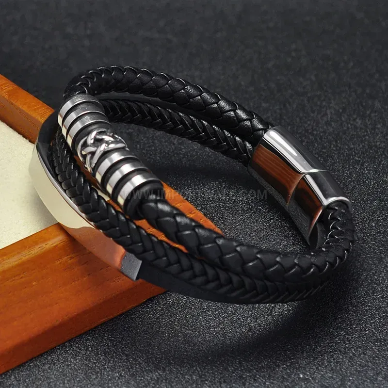 Bold Twisted Stainless Steel Bead Dual Color Leather Men Wristband
