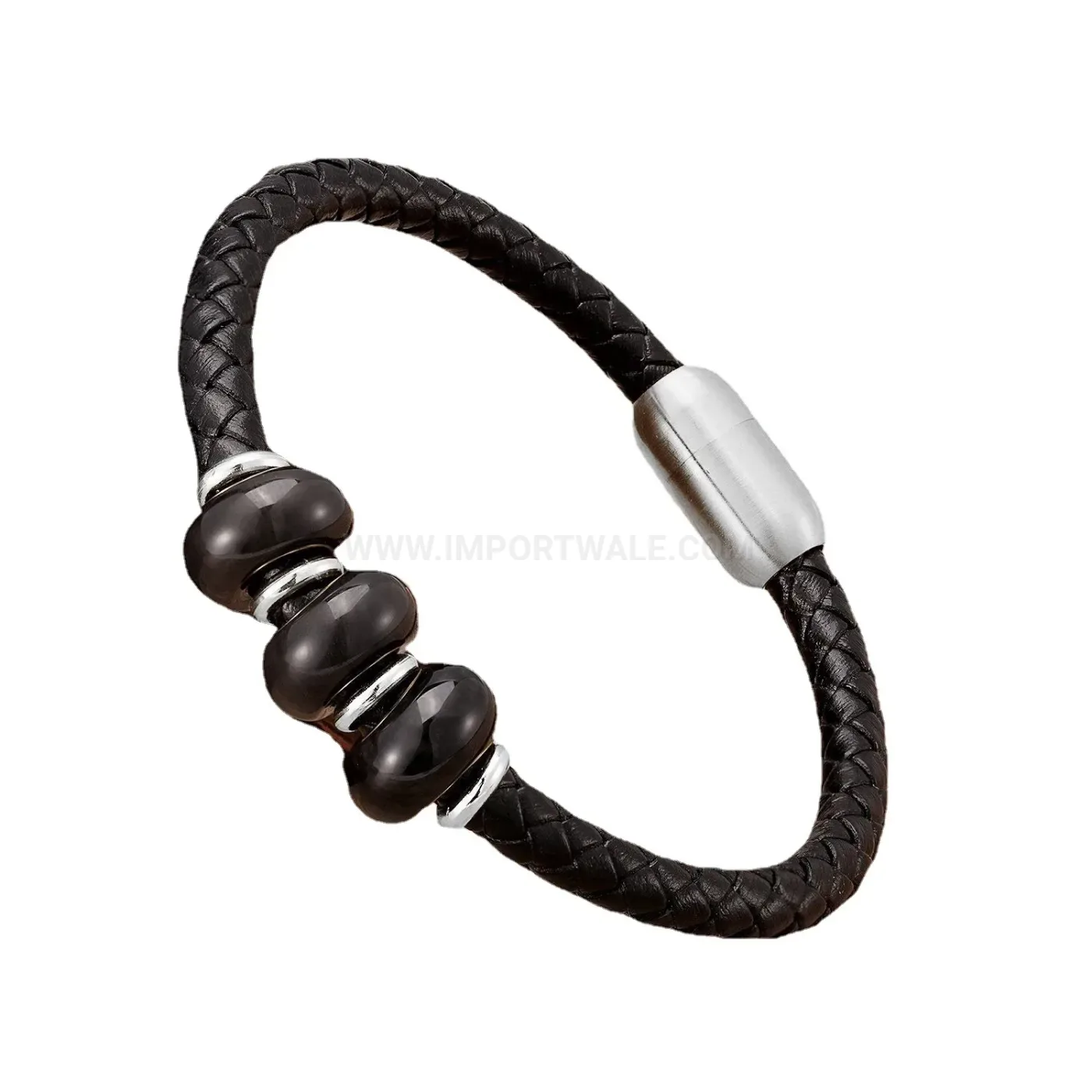 Braided Leather and Stone Cuff Bracelet with Stainless Steel Clasp