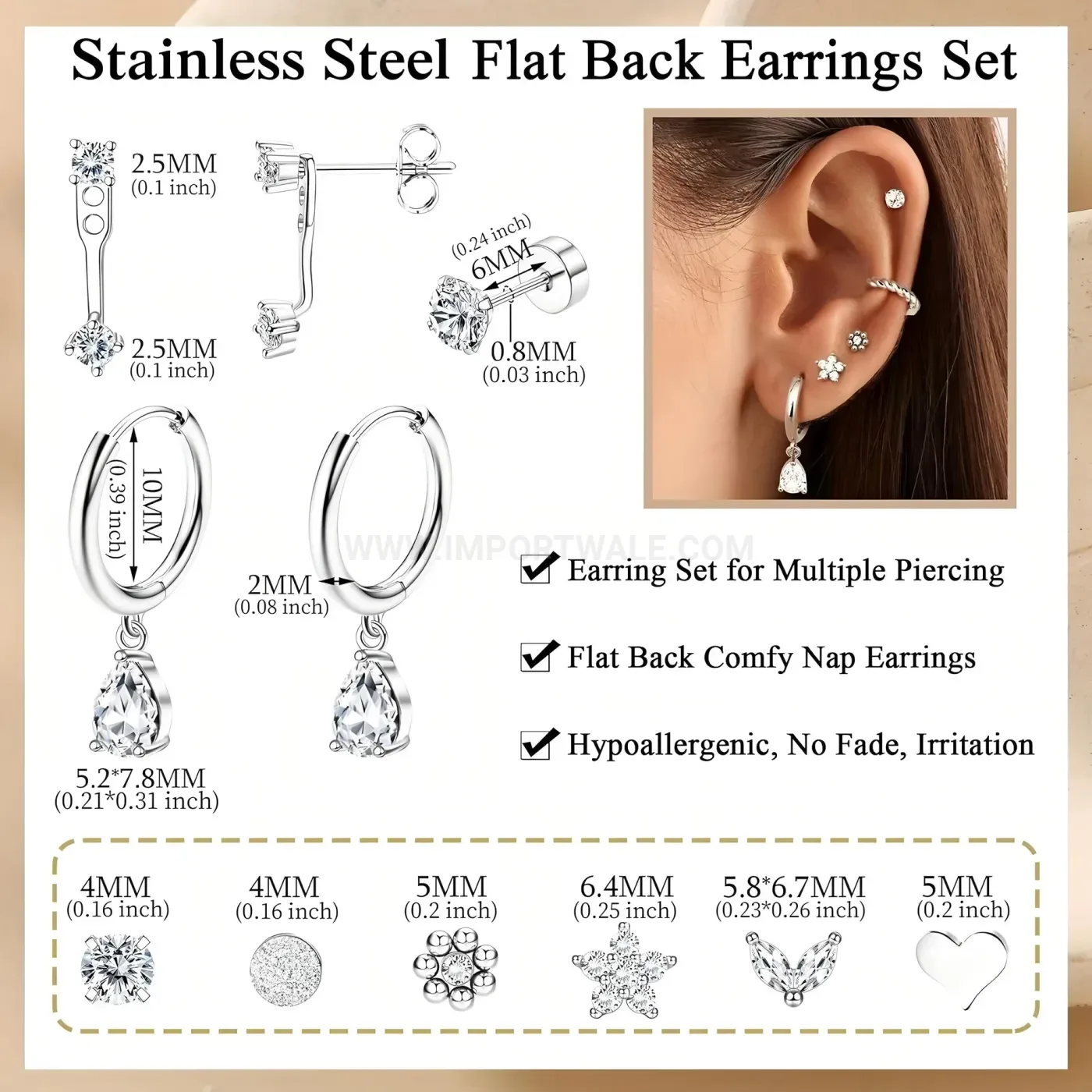 Chic Rhinestone Heart Flower and Teardrop Stainless Steel Piercing Earring Set