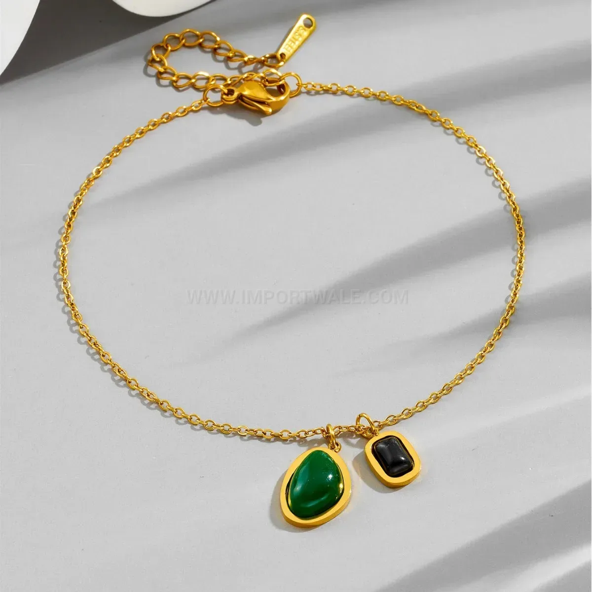 Premium Irregular Green Agate Dual Pendant Gold Plated Titanium Steel Necklace