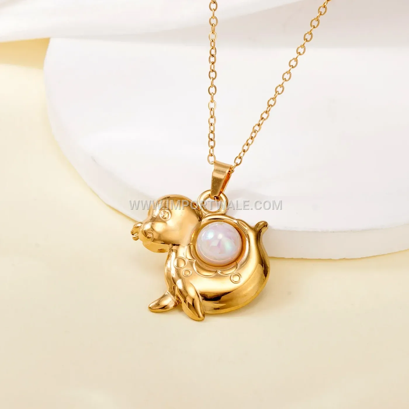 18K Gold Plated Stainless Steel Imitation Pearl Pendant Link Necklace