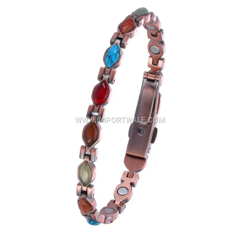 Vintage Geometric Red Copper Magnetic Bracelet with Turquoise Accent