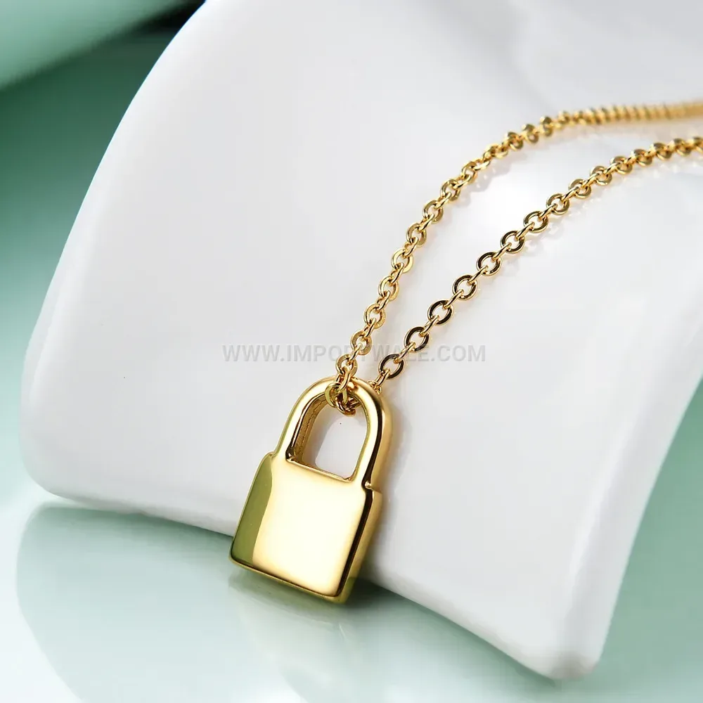 Polished Lock Pendant Layered 18K Gold Plated Stainless Steel Necklace