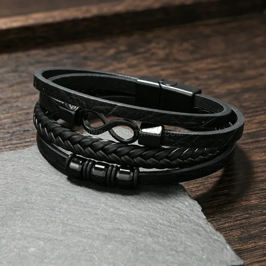 Stylish Braided Leather Infinity Charm Wrap Bracelet with Magnetic Clasp