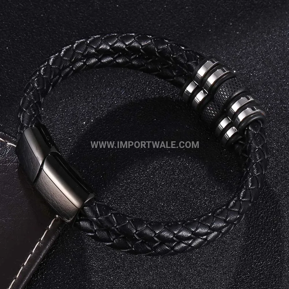 Retro Braided Leather Wristband with Stainless Steel Accent Beads