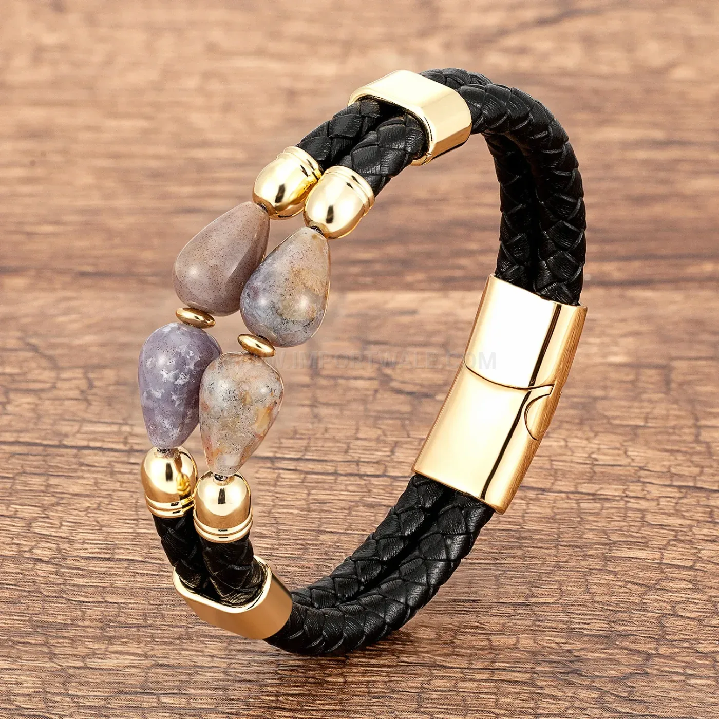 Braided Leather Stone Bracelet with Stainless Steel Clasp