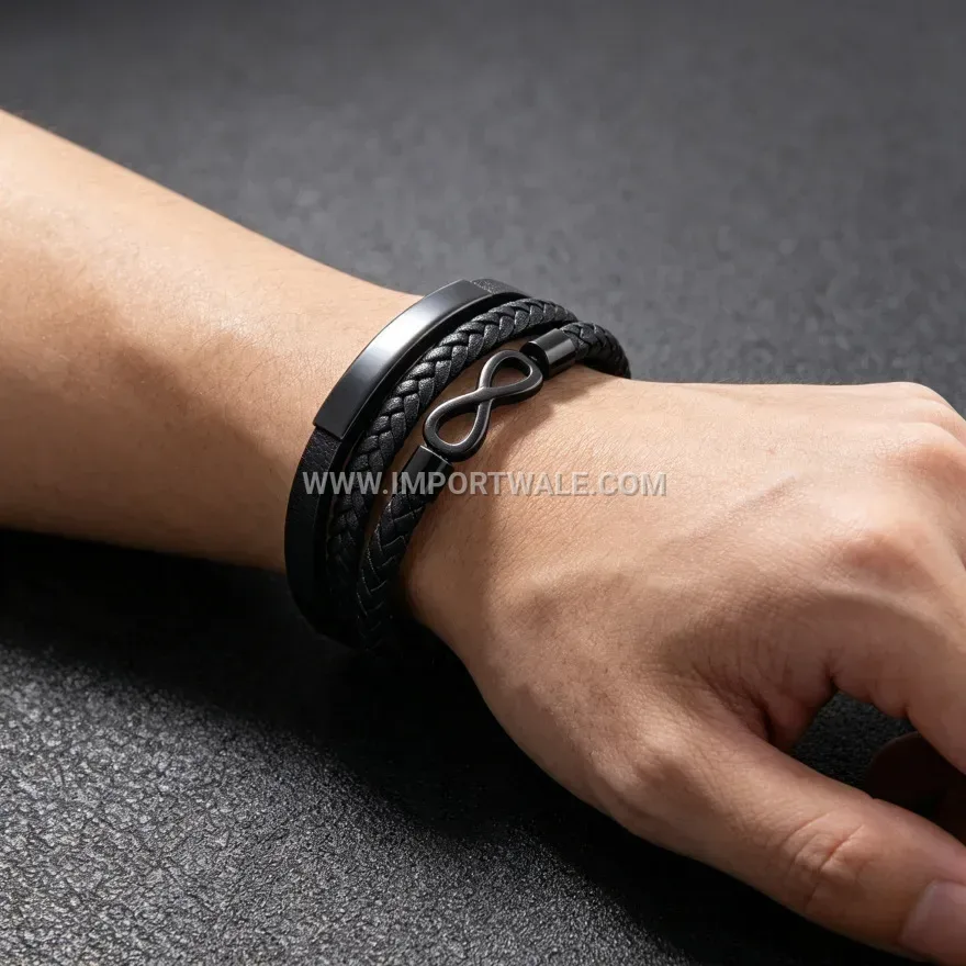 Infinity Charm Multi Strand Braided Leather Wristband