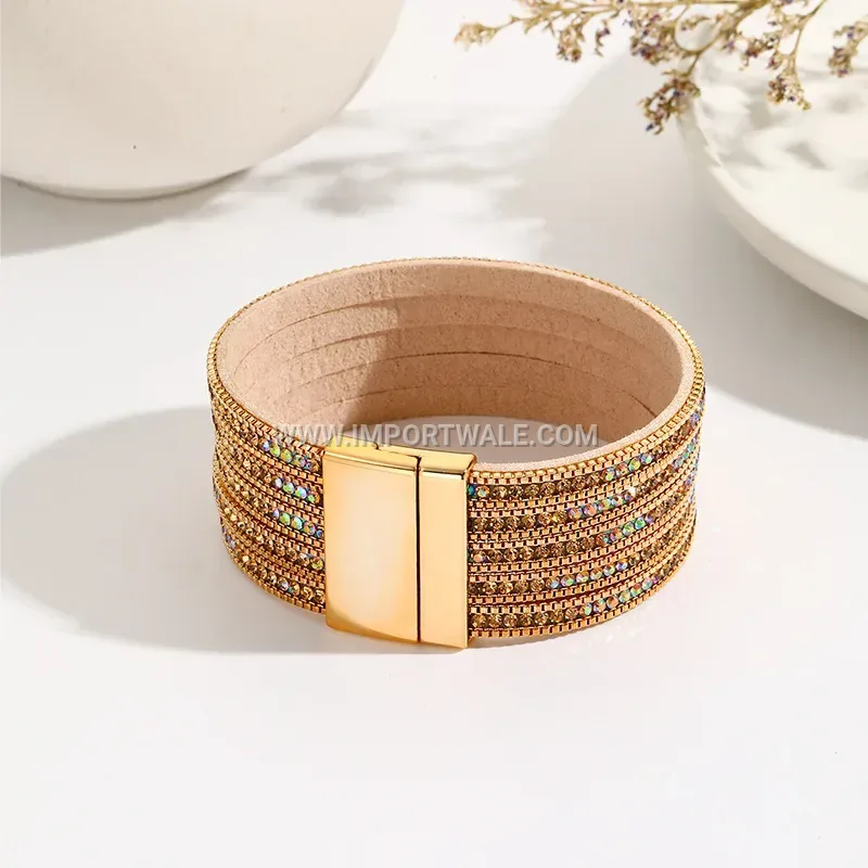 Wide Rhinestone Leather Cuff Bracelet with Magnetic Clasp