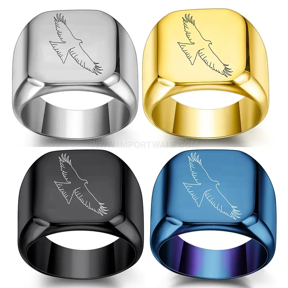 Elegant Eagle Laser Engraved Stainless Steel Square Signet Ring