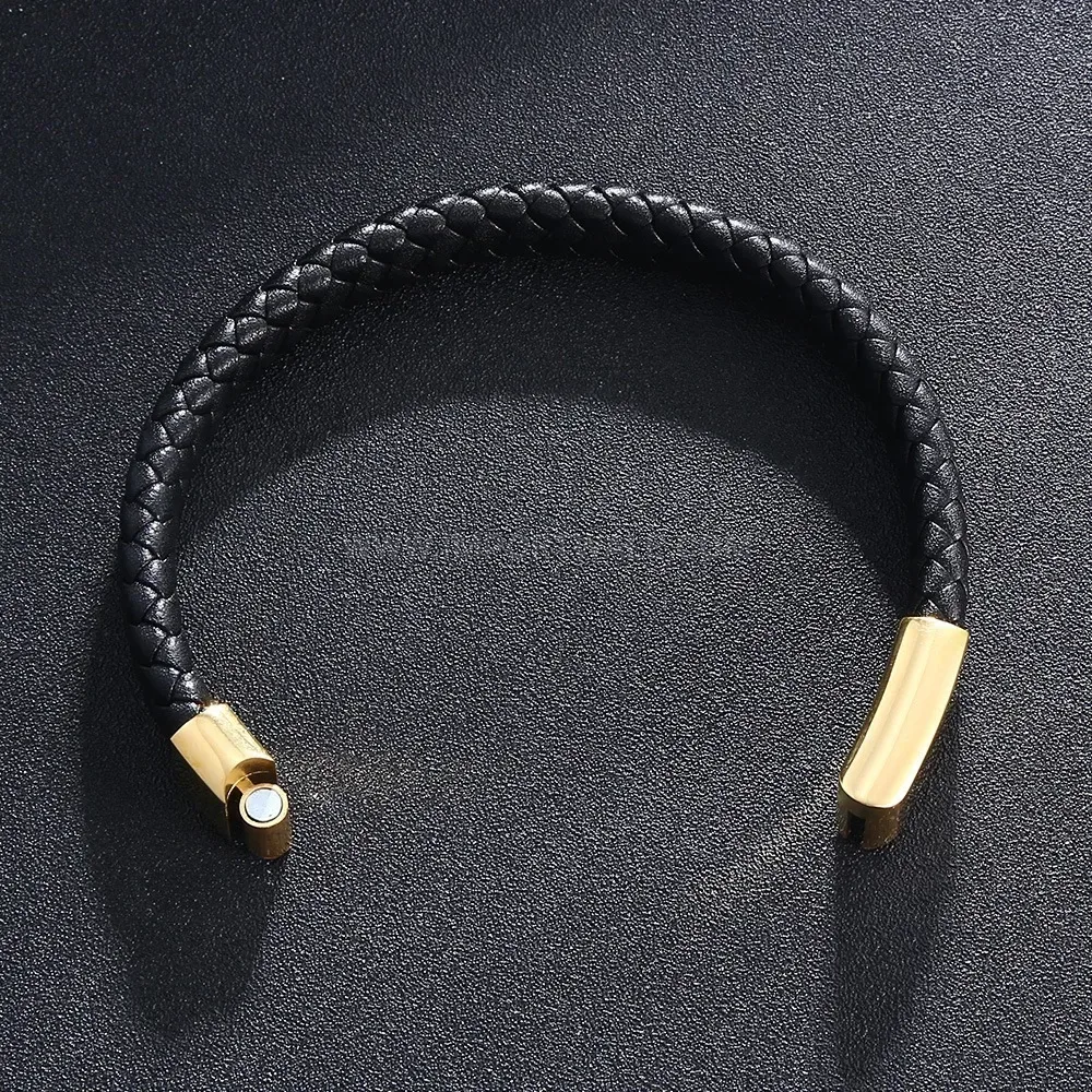 Braided Leather Wristband with Gold Plated Stainless Steel Magnetic Clasp