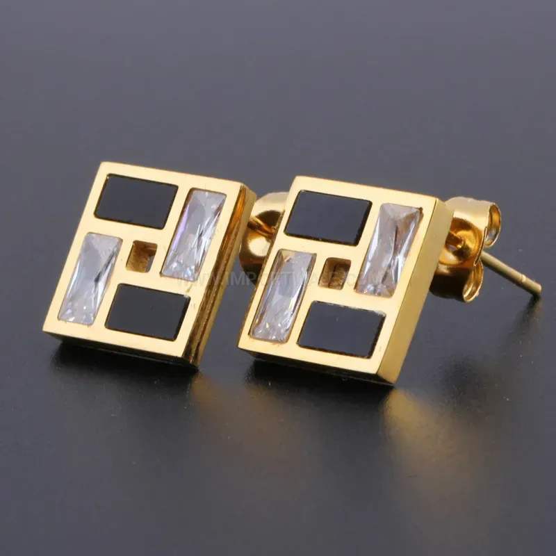 Fashion Checkerboard Square Epoxy Resin Zircon Stainless Steel Stud Earrings