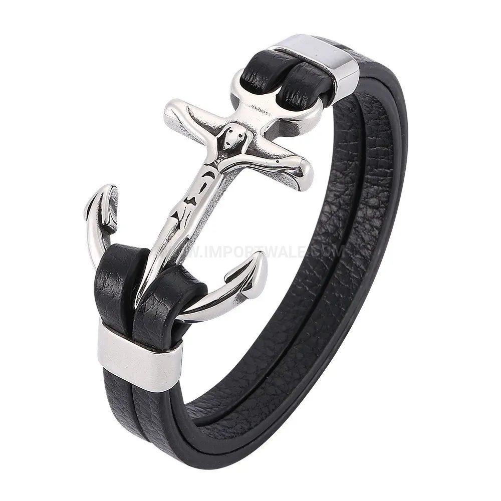 Bold Braided Leather Wristband with Vintage Stainless Steel Hook Charm