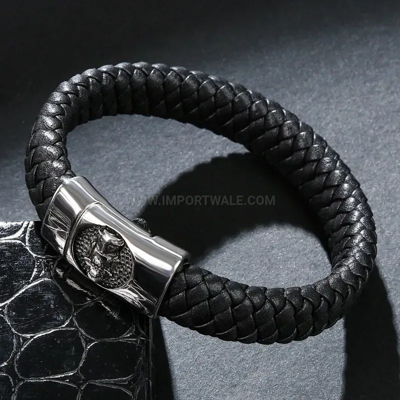 Fashion Stitched Braided Leather Stainless Steel Bird Motif Bracelet