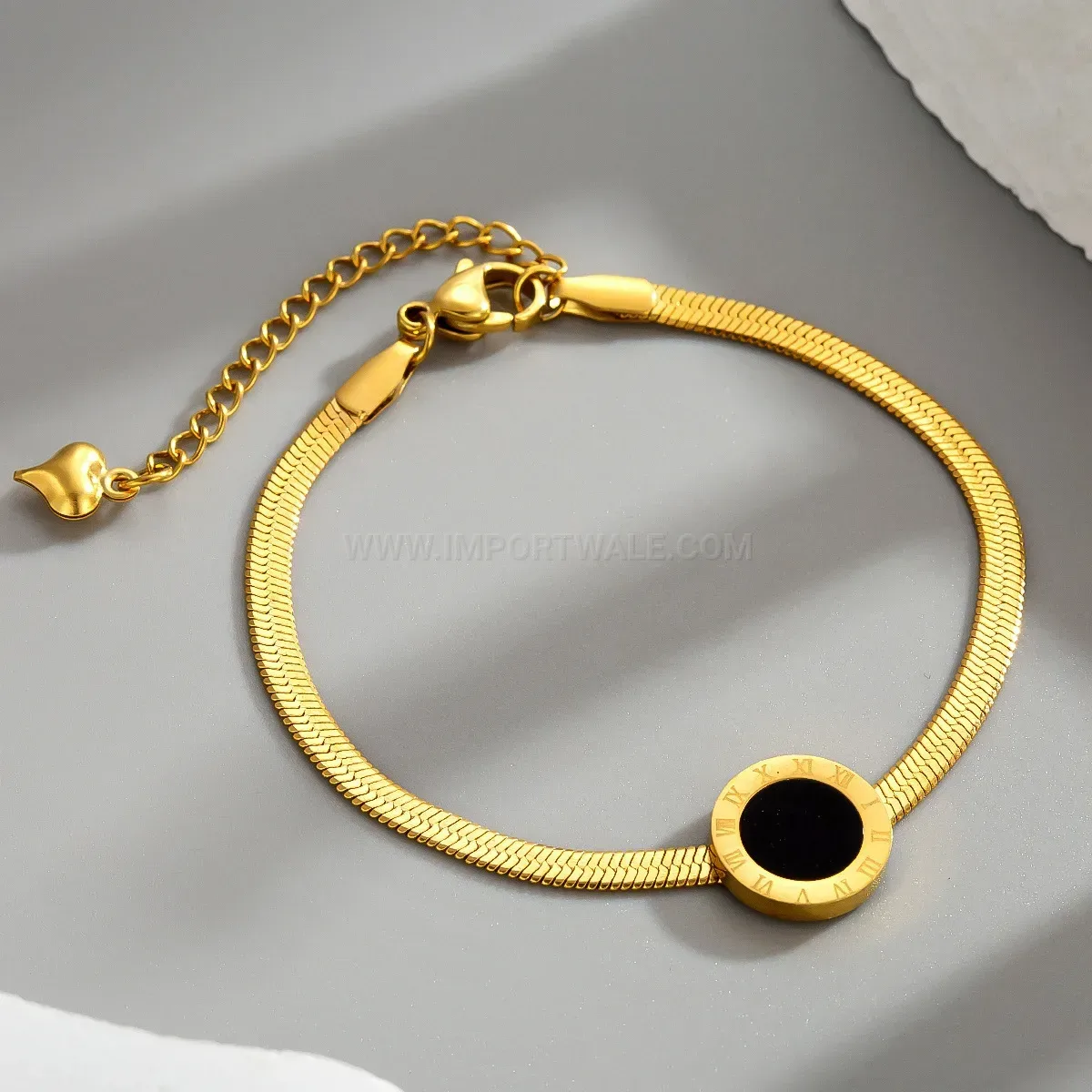 Roman Numeral Engraved Round Stainless Steel Snake Chain Bracelet