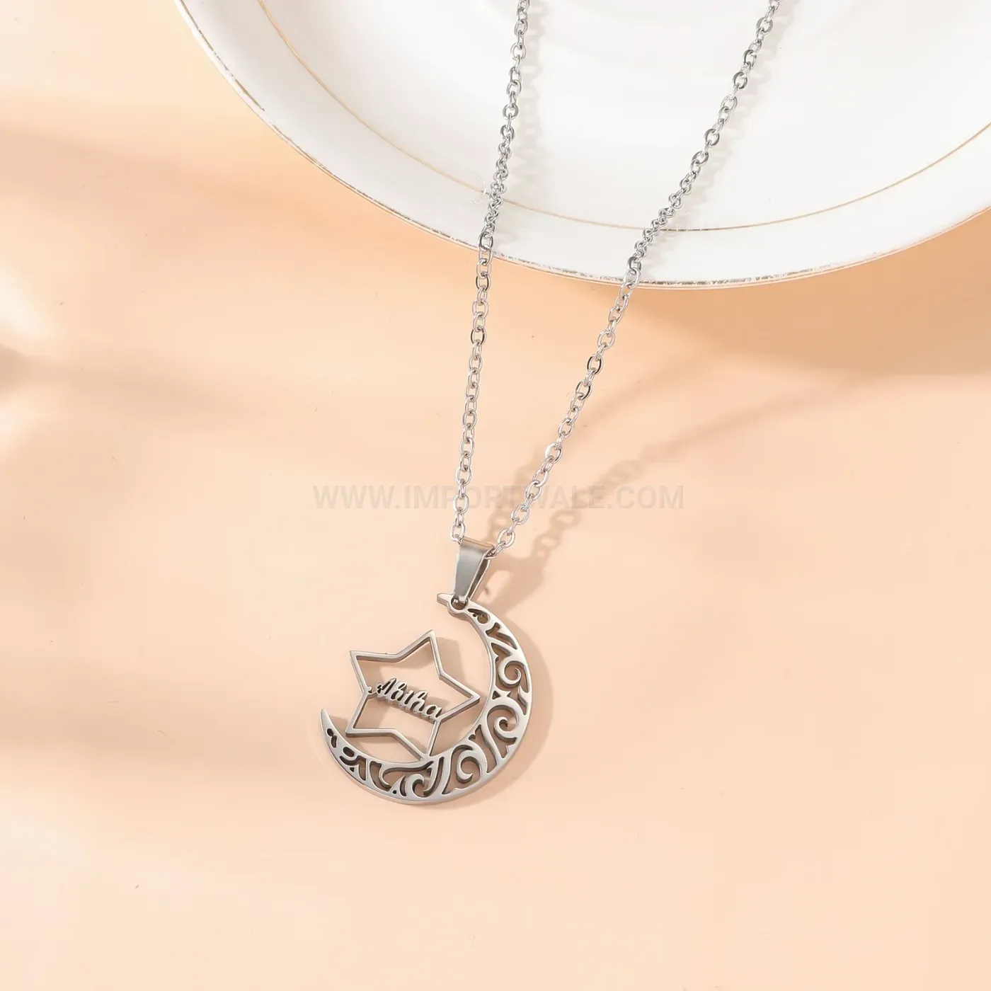 Chic Crescent Moon Star Arabic Script Stainless Steel Islamic Necklace