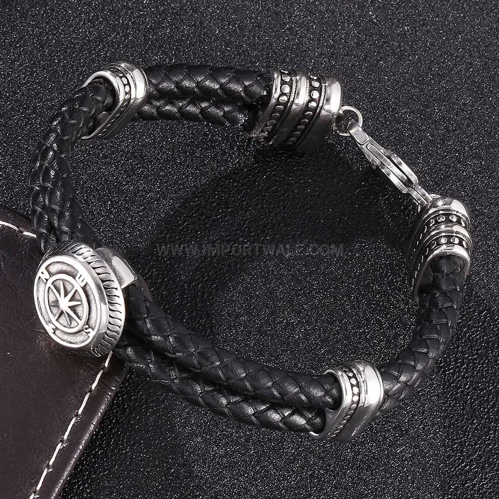 Braided Leather Wristband Bracelet featuring Stainless Steel Lobster Clasp