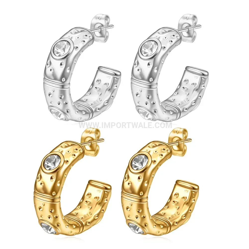 Irregular C-Shaped Zirconia Stainless Steel Hoop Earrings