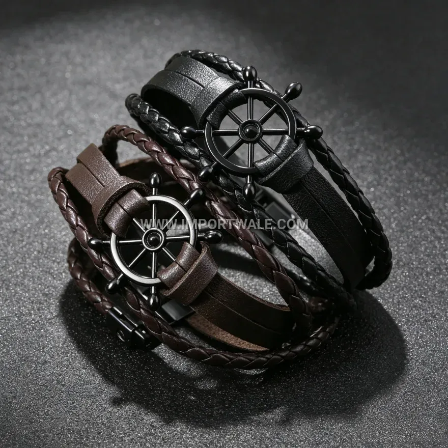Nautical Rudder Charm Braided PU Leather Magnetic Wristband