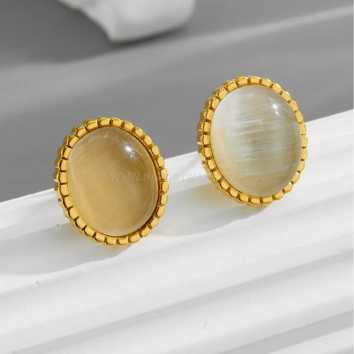 Oval Amber Tone 18K Gold Plated Sterling Silver Stud Earrings