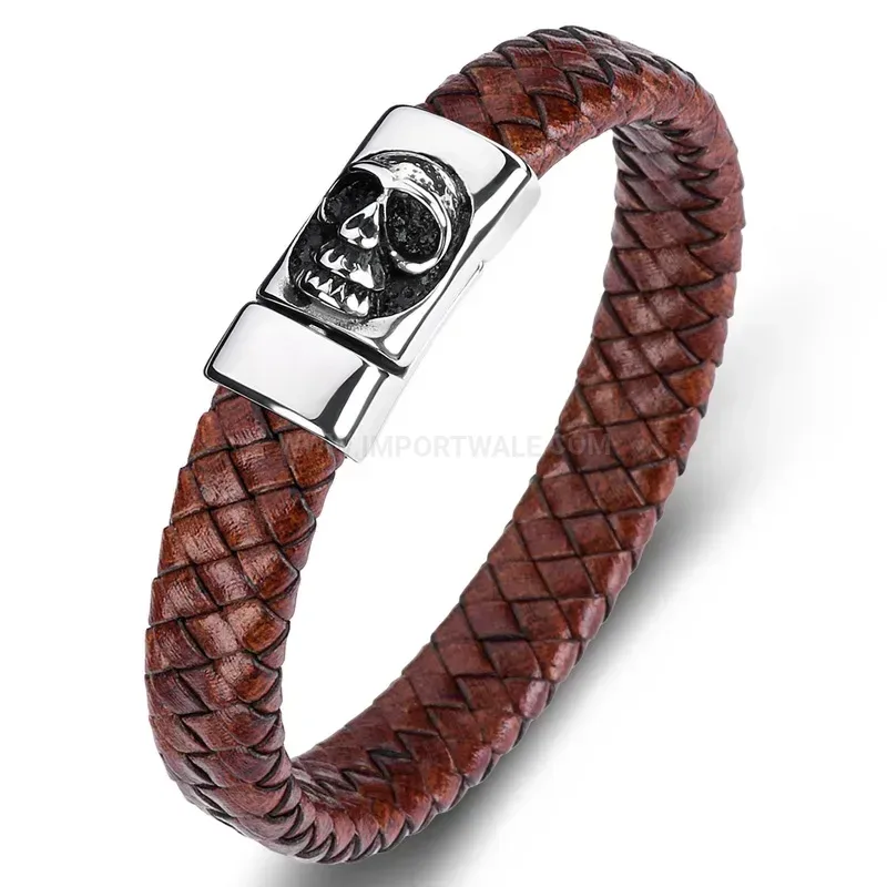 Premium Braided Leather Skull Wristband with Stainless Steel Accents