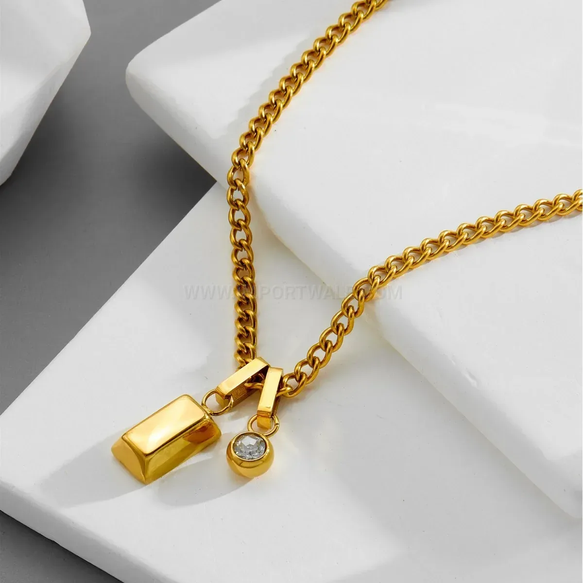 Stylish Geometric Gold Inlaid Zircon Titanium Steel Pendant Necklace