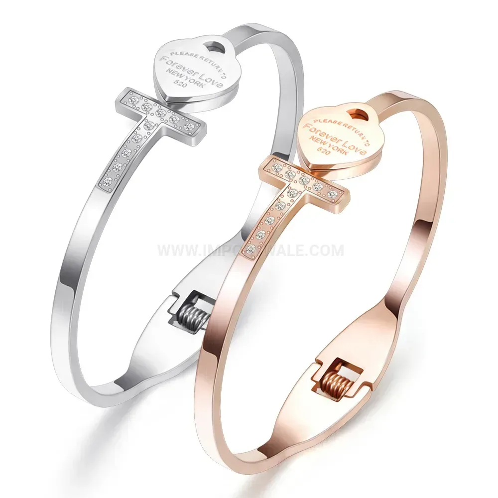 Premium Rhinestone Heart Cross T-Bar Lock Stainless Steel Bangle Bracelet