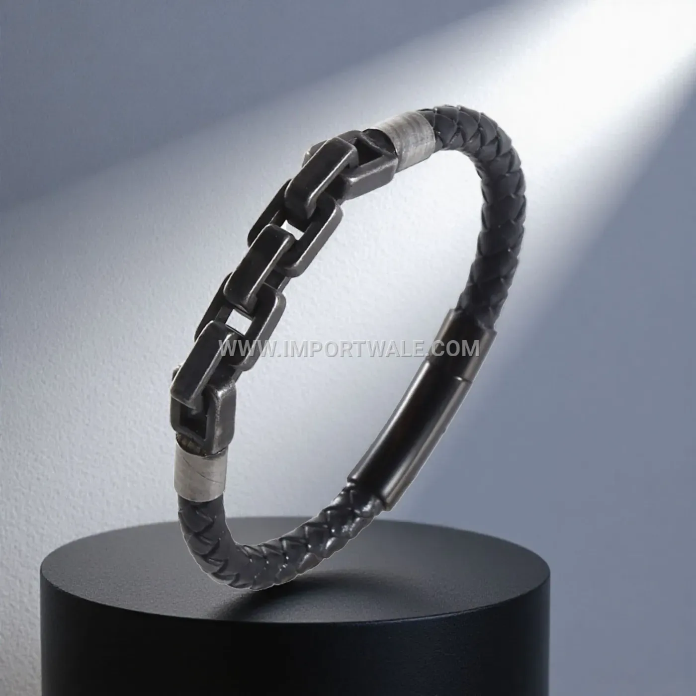 Woven Leather and Stainless Steel Link Men's Bangle Bracelet