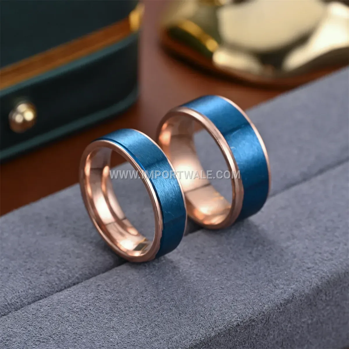 Two Tone Rose Gold and Blue Stepped Stainless Steel Ring