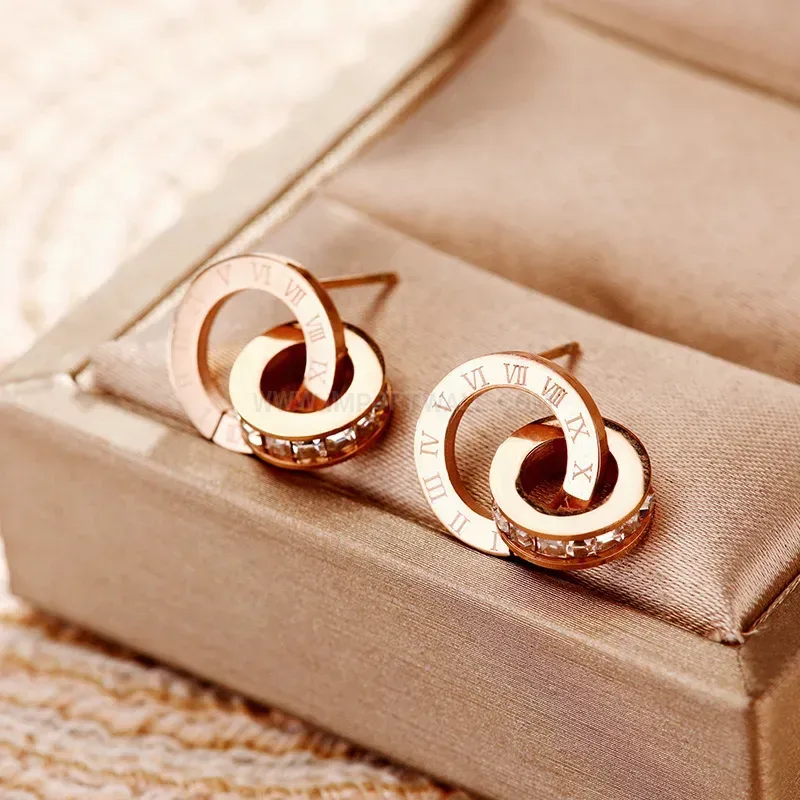 Rhinestone Double Ring Roman Titanium Steel Stud Earrings