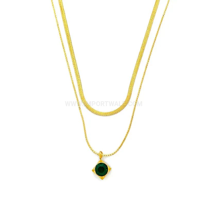Double Layer Emerald Faux Crystal Geometric Titanium Steel Necklace