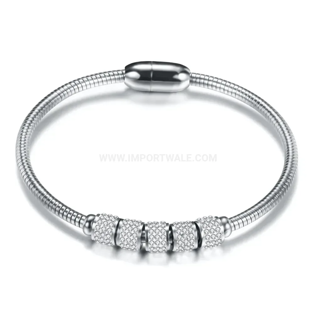 Classic Rhinestone Snake Chain Stainless Steel Bangle with Magnetic Clasp