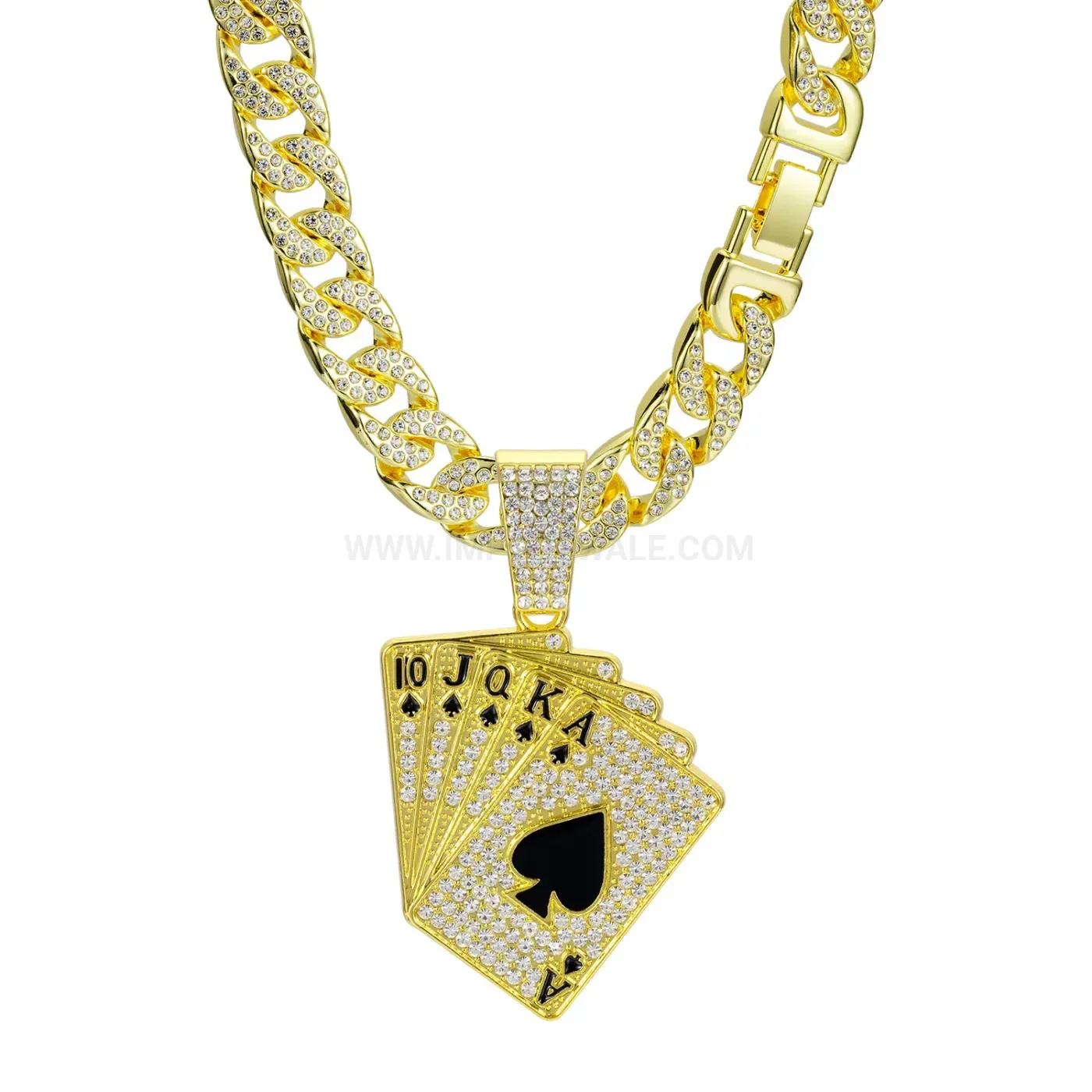 Iced Out Playing Card Pendant Necklace with Cuban Link