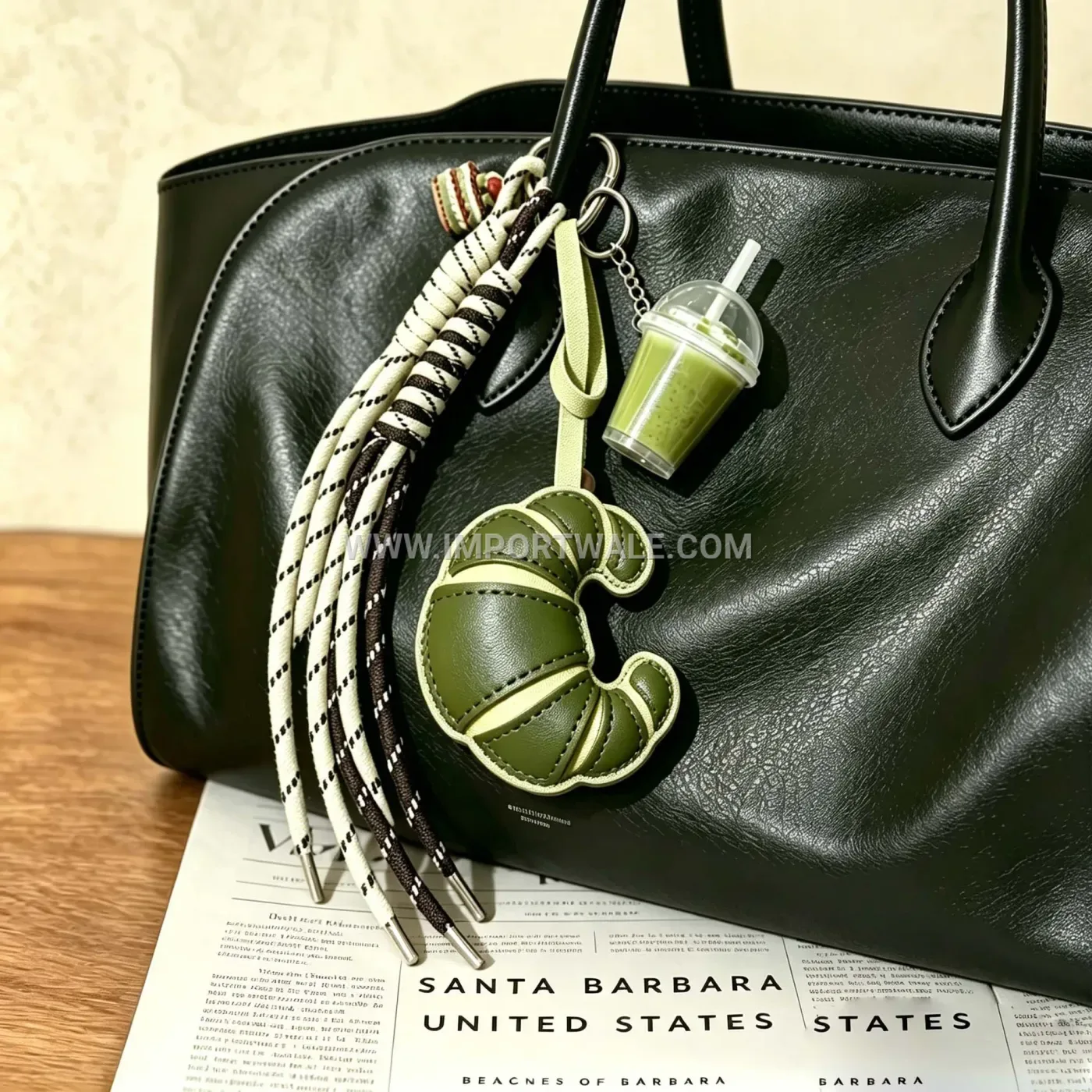 Playful Woven Leatherette Croissant Charm Keychain with Carabiner