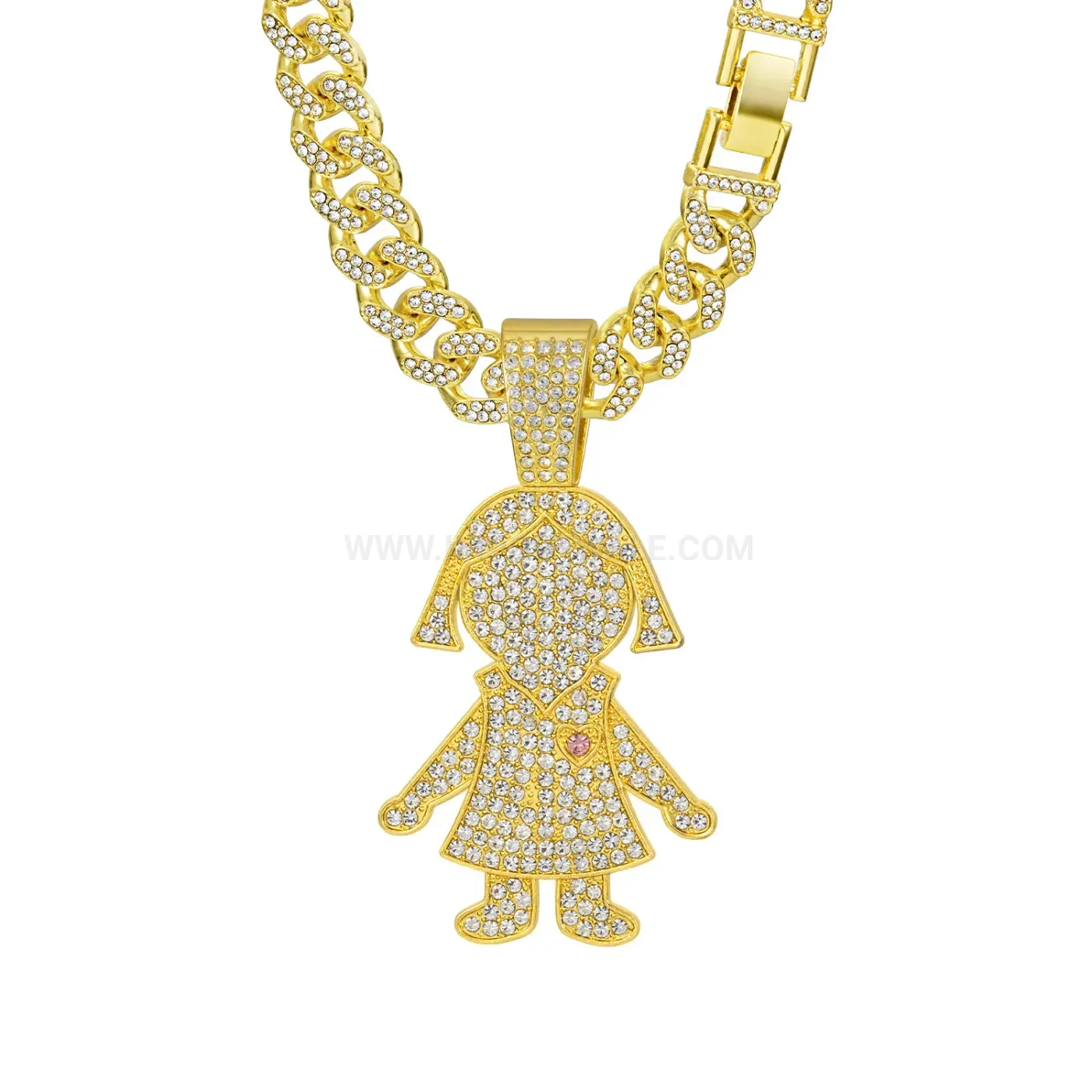 Fashion Rhinestone Angel Figurine Heart Pendant Cuban Necklace