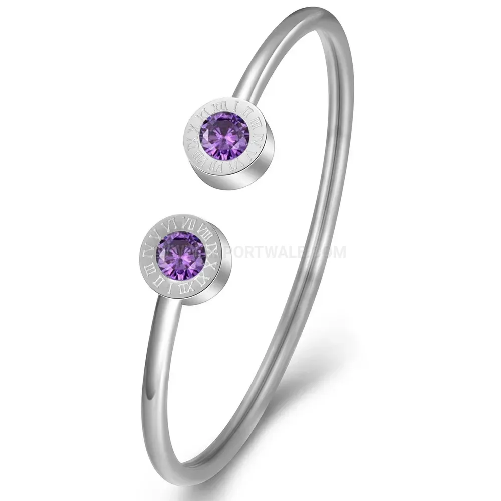Modern Roman Numeral Stainless Steel Birthstone Cuff Bangle