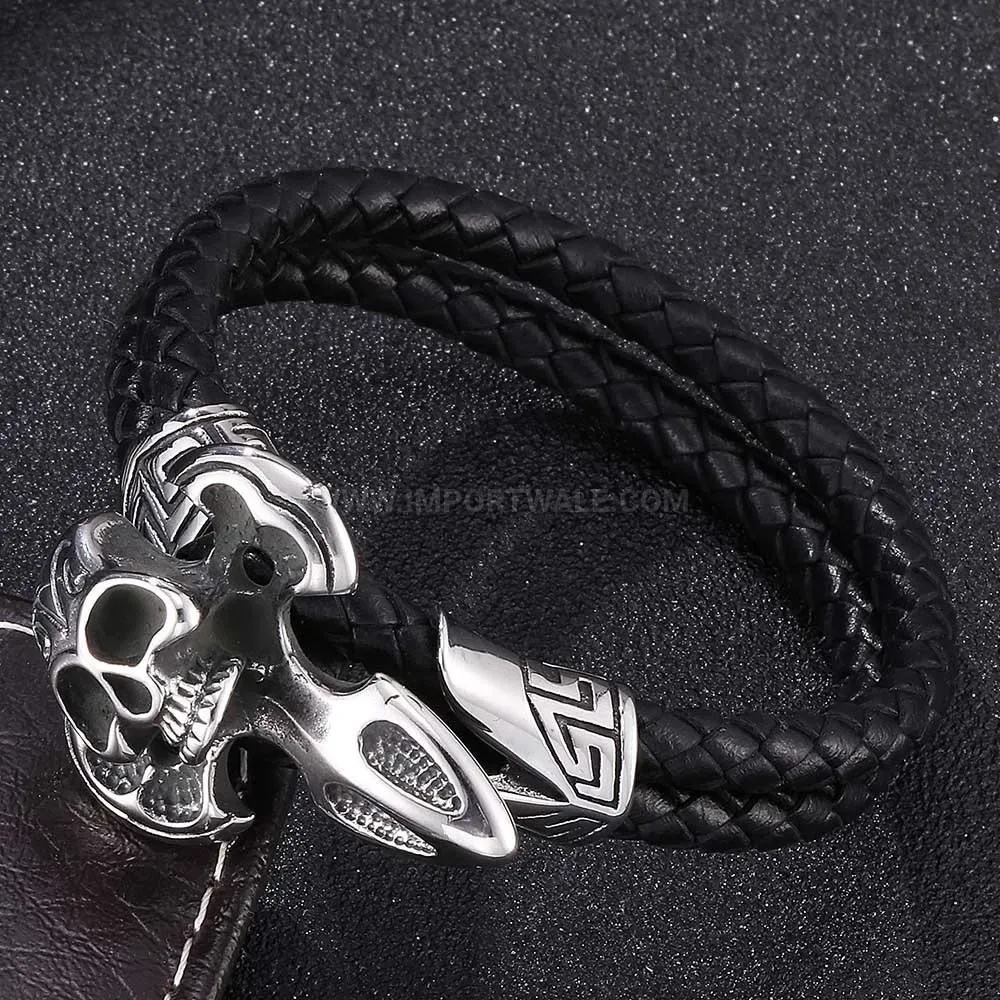 Braided Leather Punk Bracelet with Stainless Steel Skull Charm