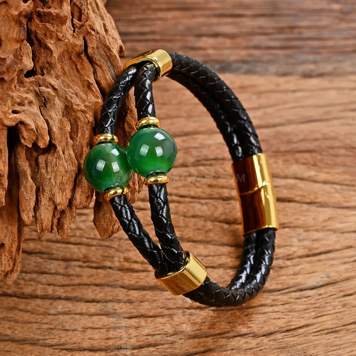 Double Strand Braided Leather Natural Stone Cuff Stainless Steel Clasp