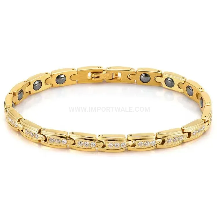 Rhinestone Encrypted Bio Magnetic Energy Bracelet in Rose Gold Stainless Steel