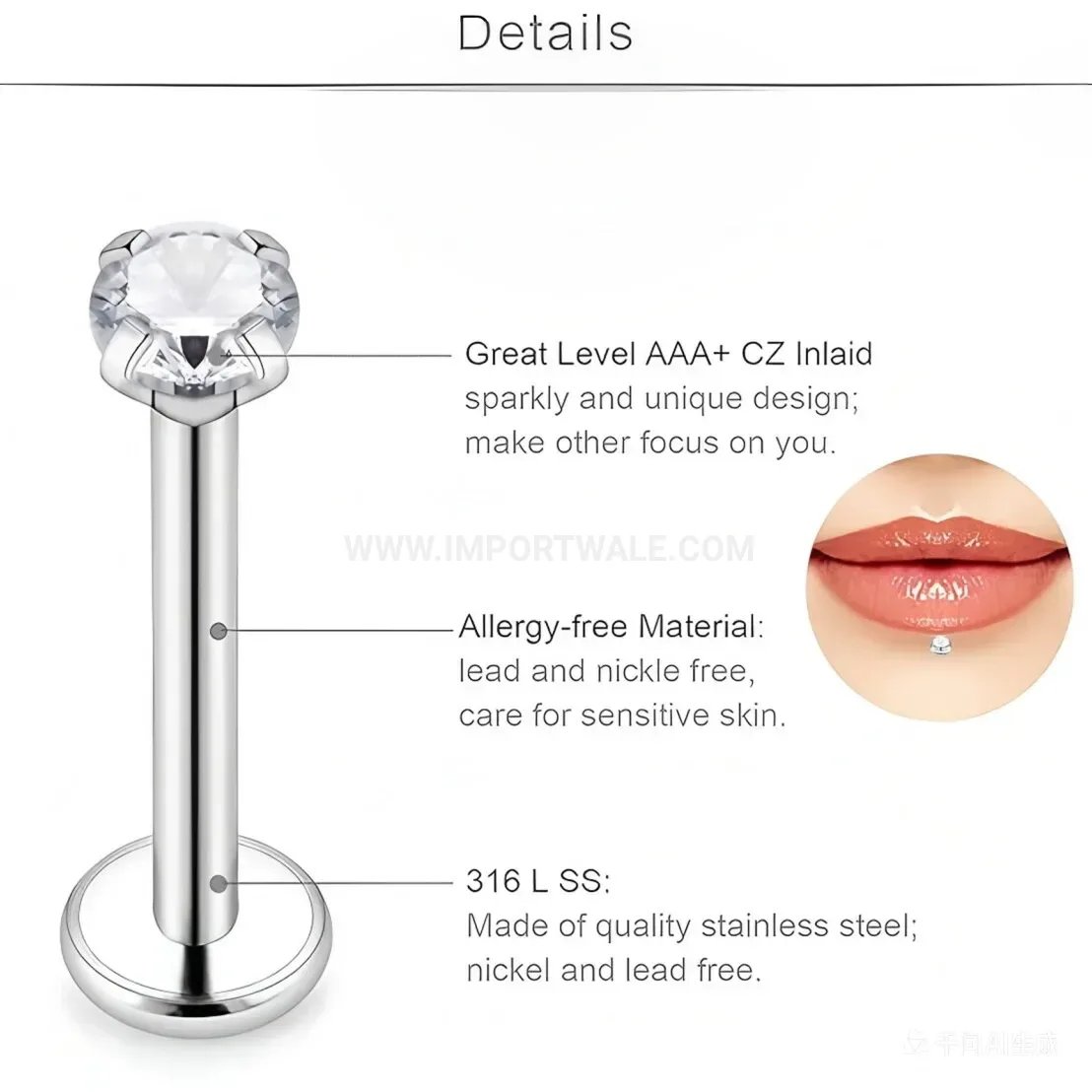 Modern Internally Threaded Ball Titanium Steel Labret Lip Piercing Stud
