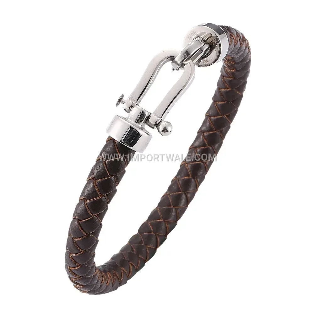 Braided Leather Stainless Steel Horseshoe Buckle Bracelet for Men