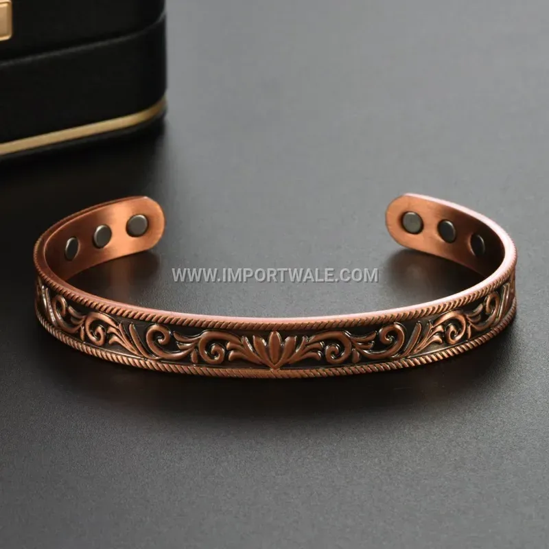 Adjustable Antique Red Copper Vine Patterned Magnetic Cuff Bracelet