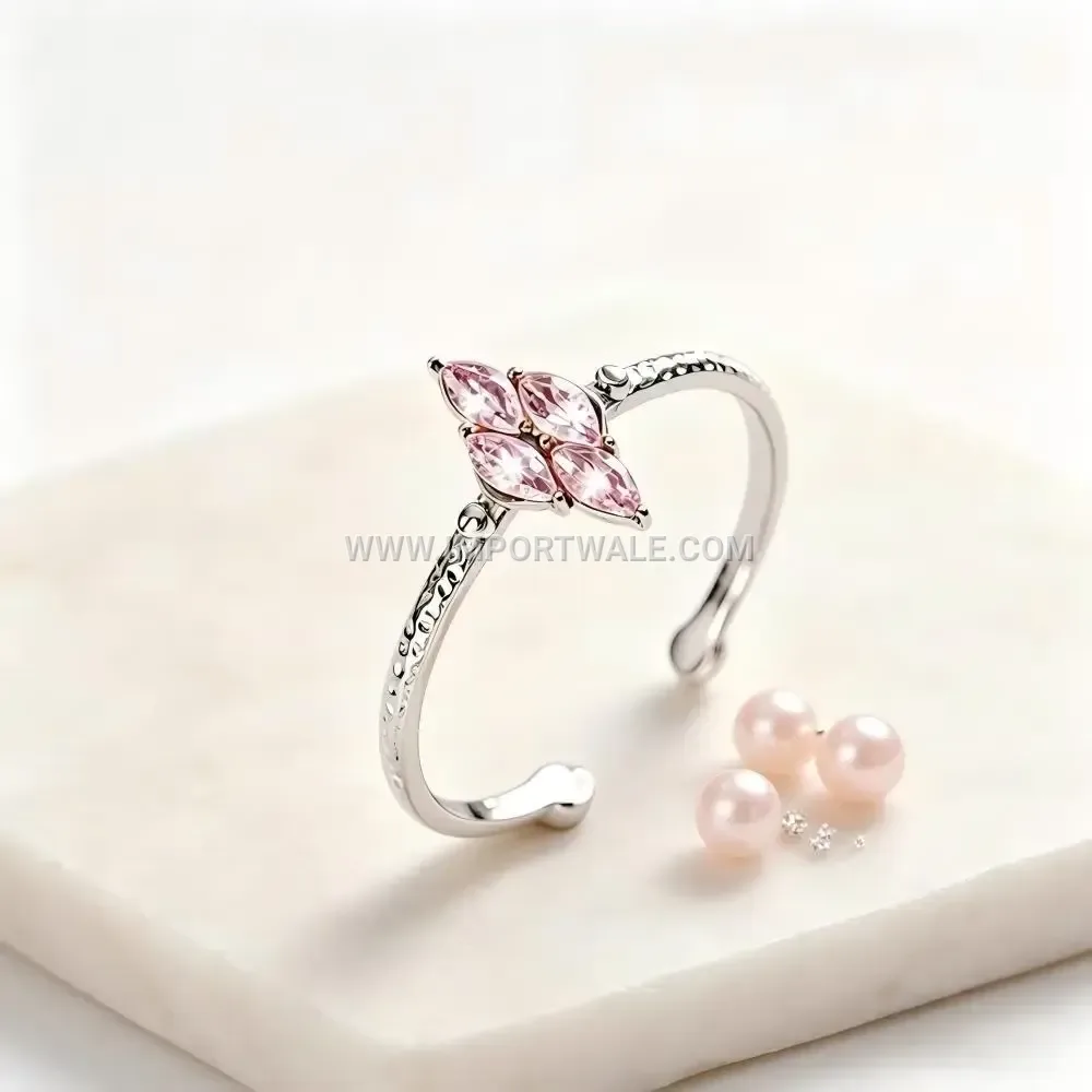 Floral Diamond Accent Open Stainless Steel Band