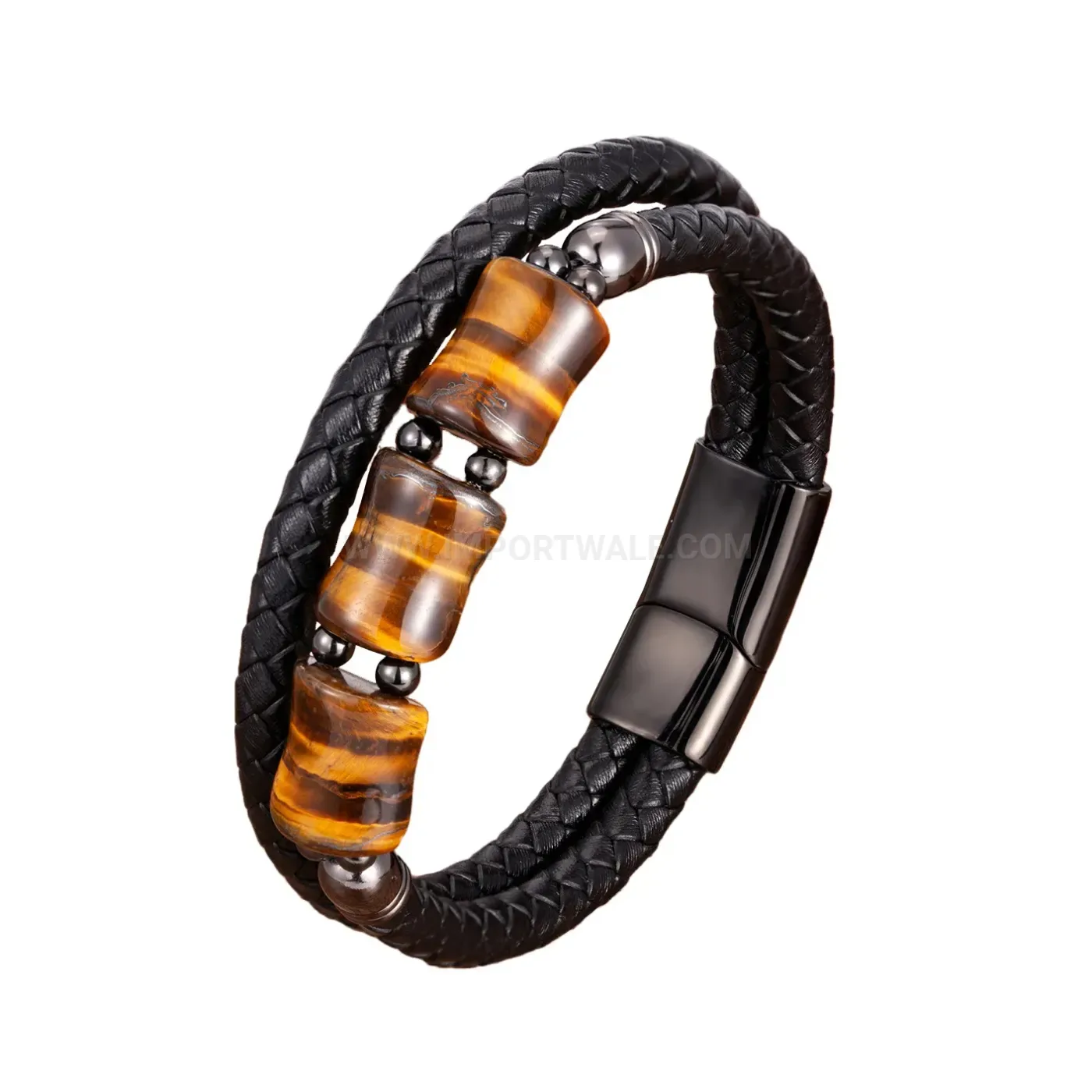 Bamboo Joint Stone Leather Cording Bracelet with Stainless Steel Clasp