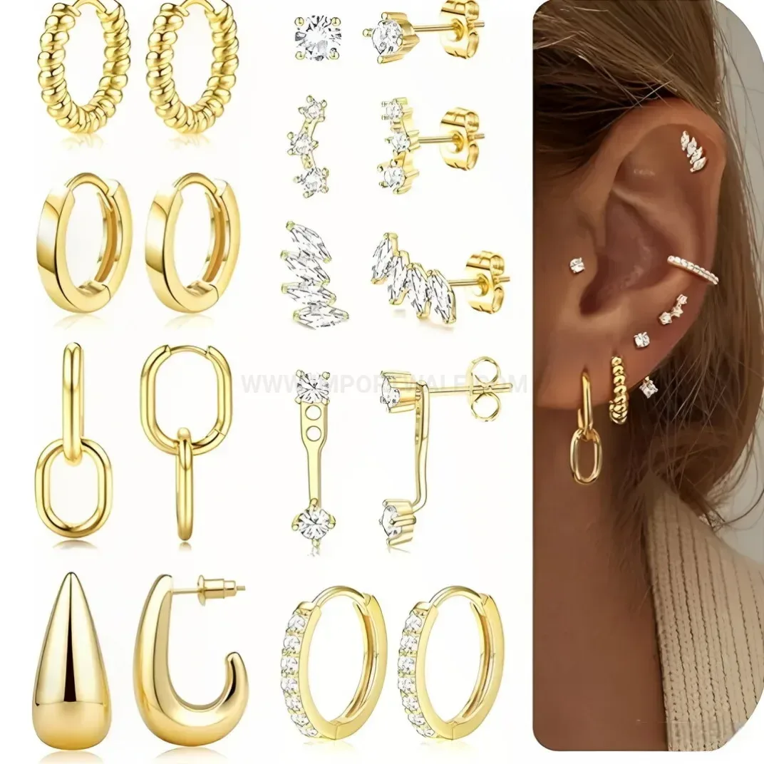 Trendy Geometric Teardrop Zirconia Stainless Steel Piercing Earring Set