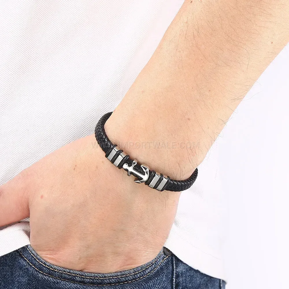 Woven Leather Band with Steel Clasp Accent